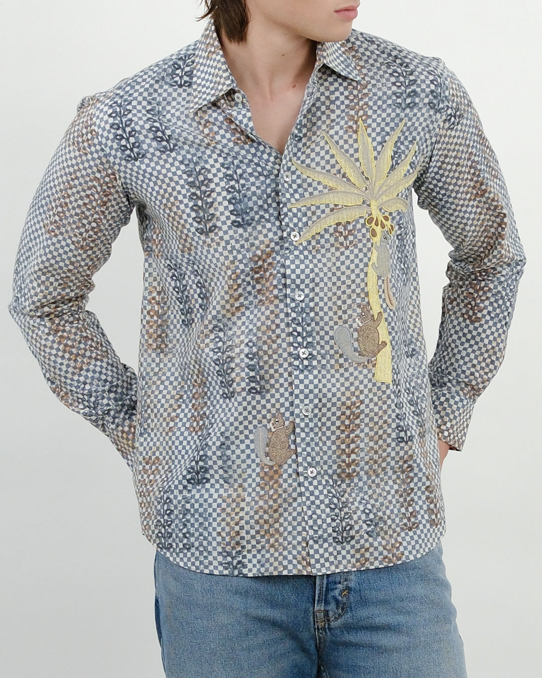 Block Print Embroidered Squirrel Long Sleeve Shirt