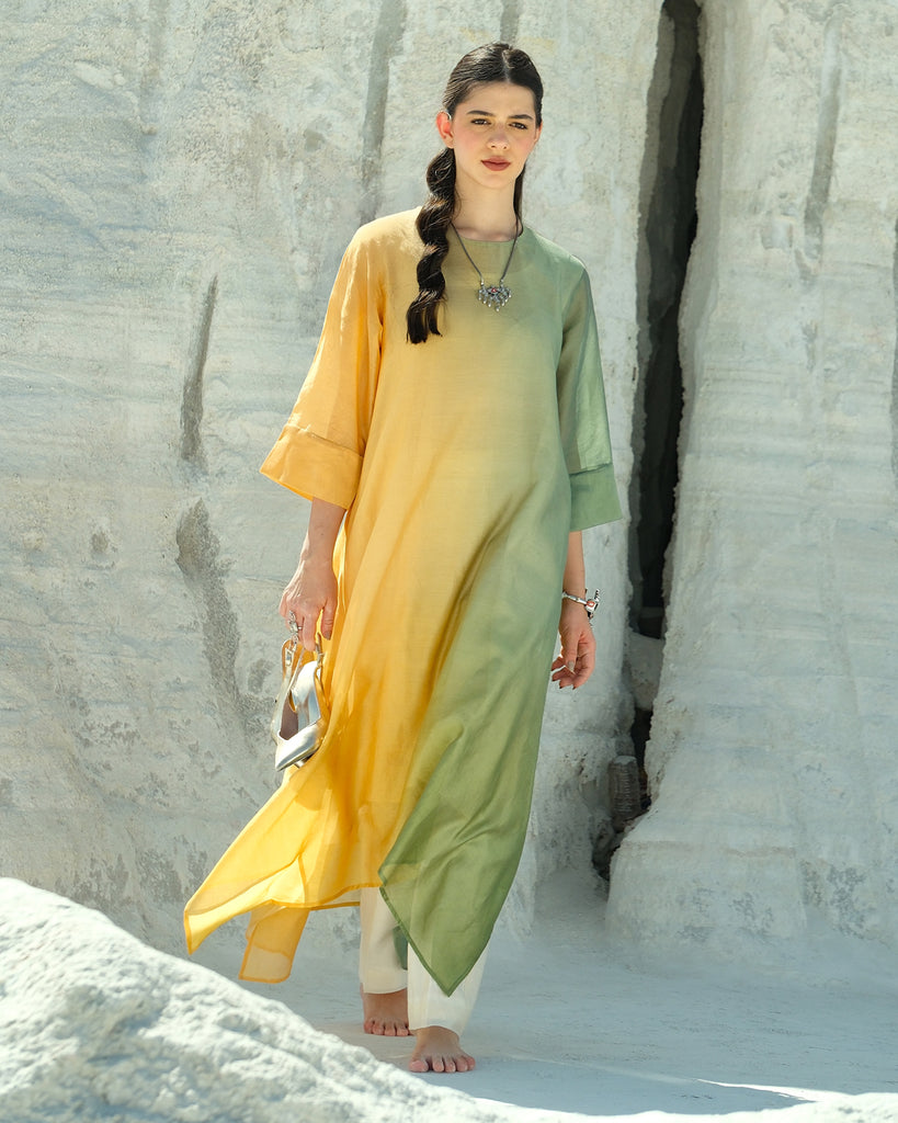 Green & Yellow Silk Chanderi A-line Fit Kurta