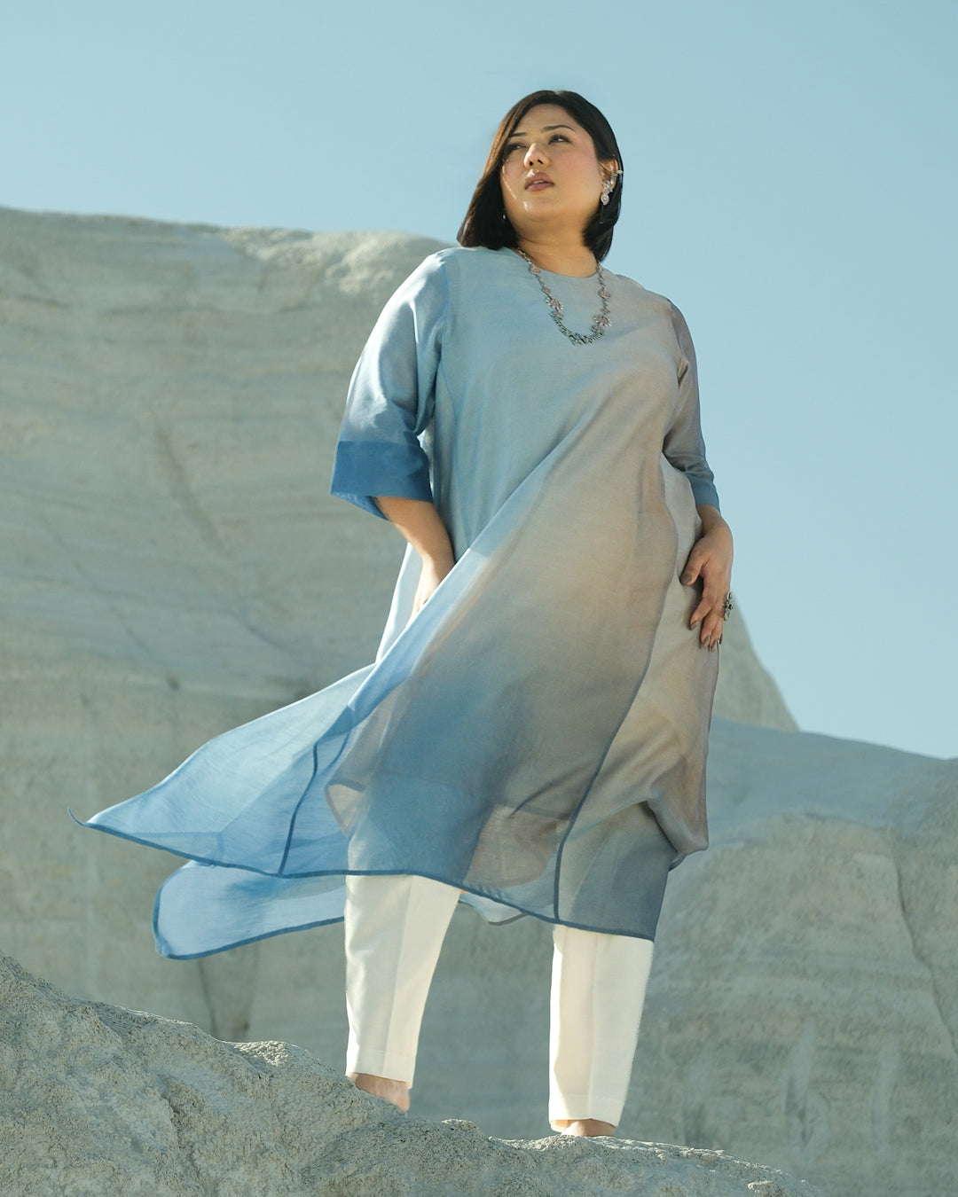 Plus Size Grey & Blue Silk Chanderi A-line Fit Kurta