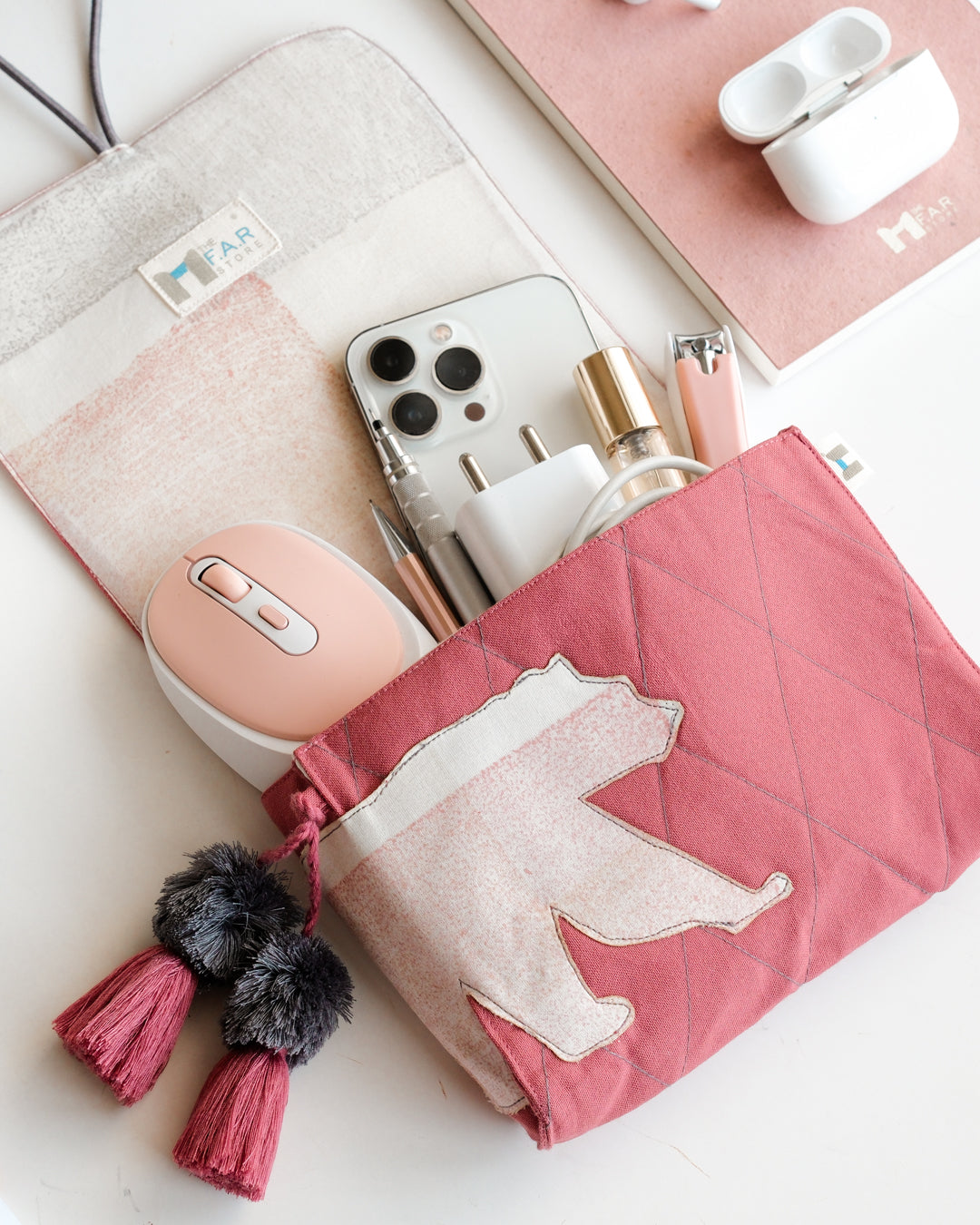Gond Folk Bear - Pink Cable Pouch