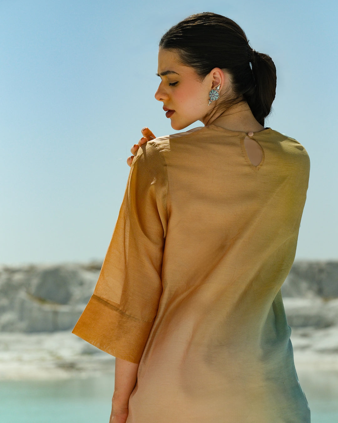 Yellow & Light Blue Silk Chander A-Line Fit Kurta