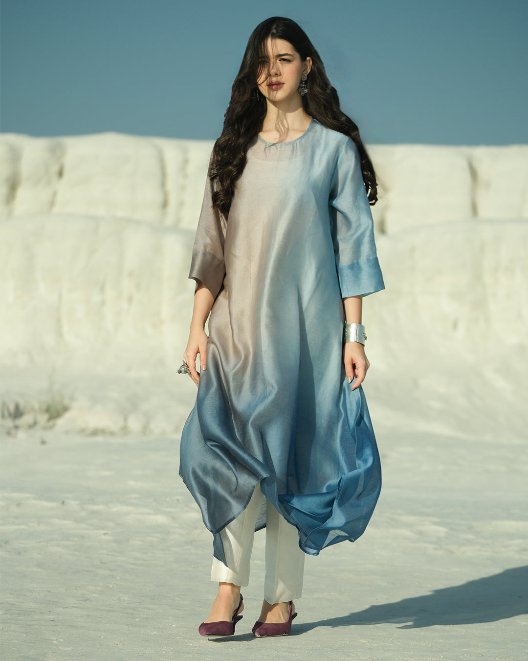 Grey & Blue Silk Chanderi A-line Fit Kurta