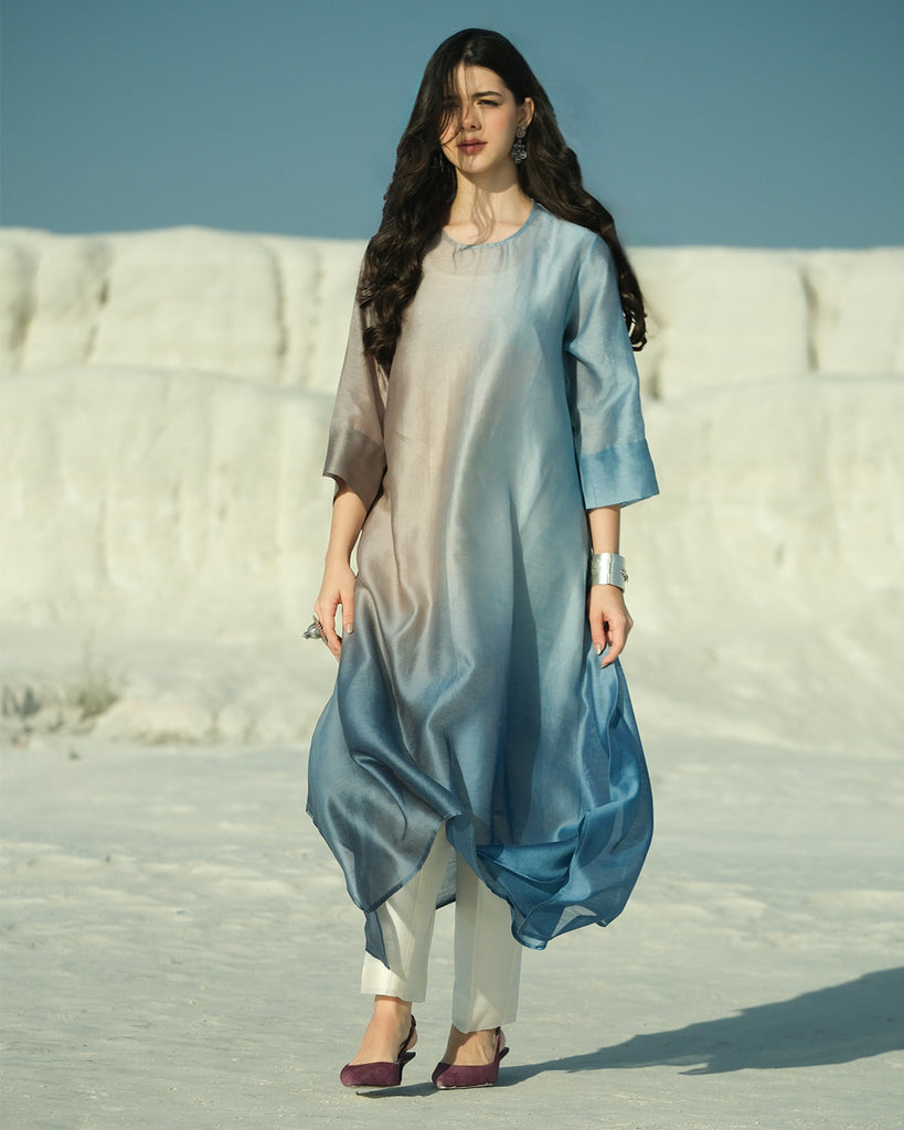 Grey & Blue Silk Chanderi A-line Fit Kurta