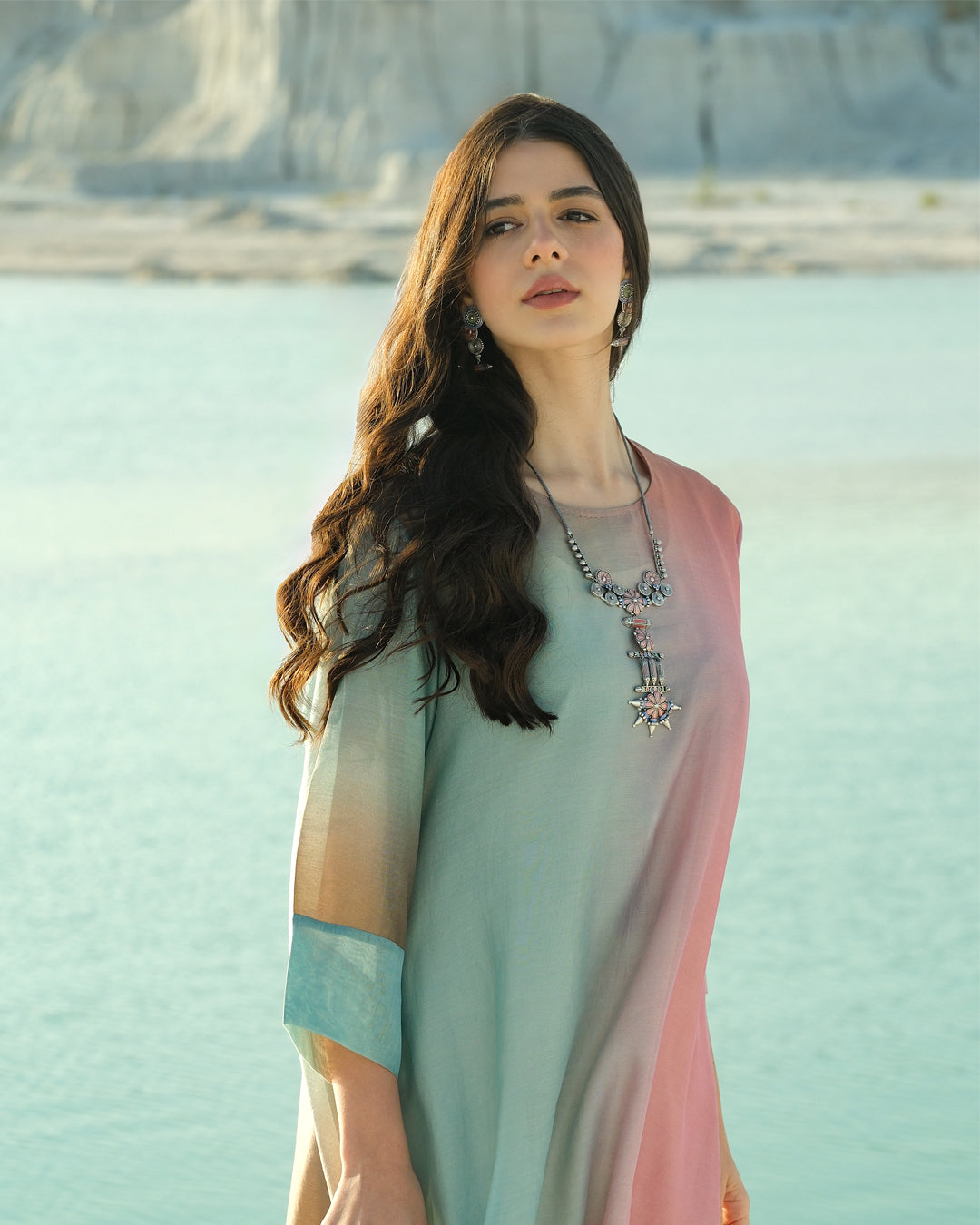 Blue & Pink Silk Chanderi A-line Fit Kurta