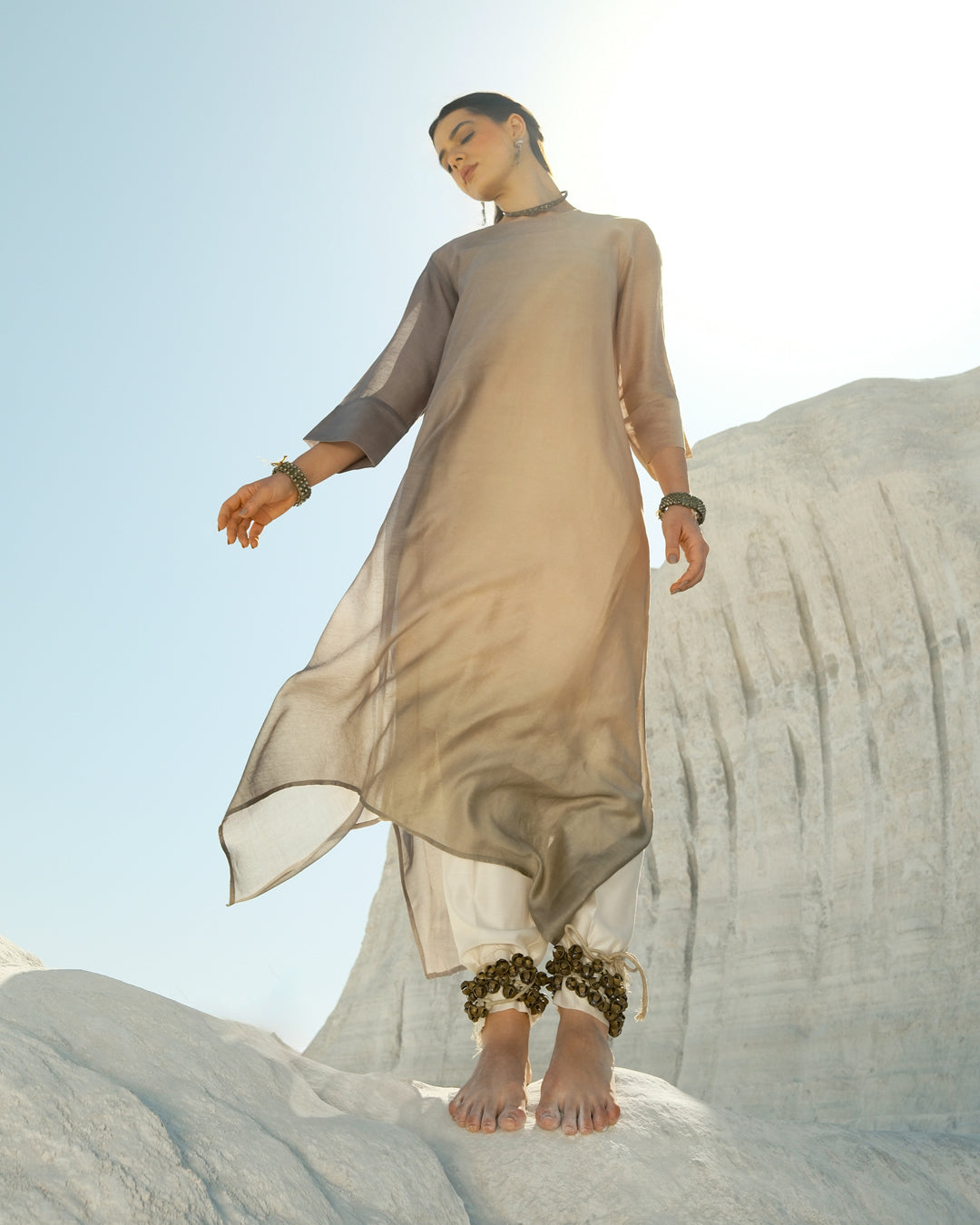 Grey & Beige Silk Chanderi A-line Fit Kurta