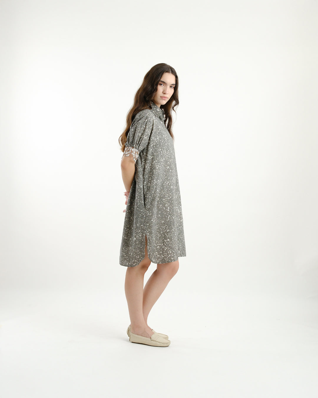 Cool Grey Stipples Batik Shirt Dress