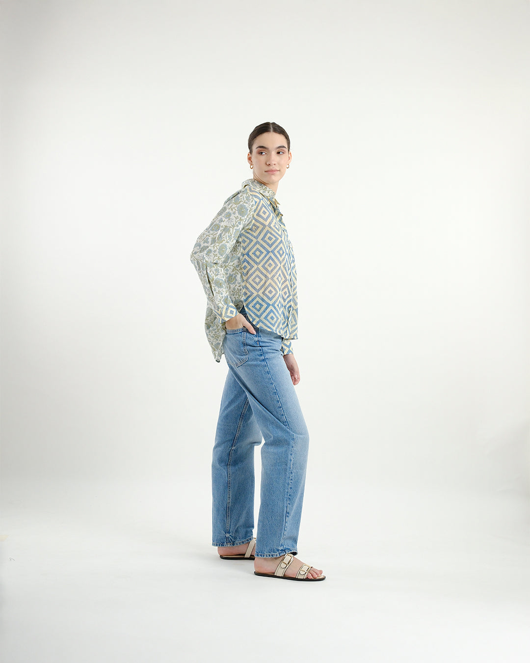 Block Printed Pineapple Emroidered Shirt