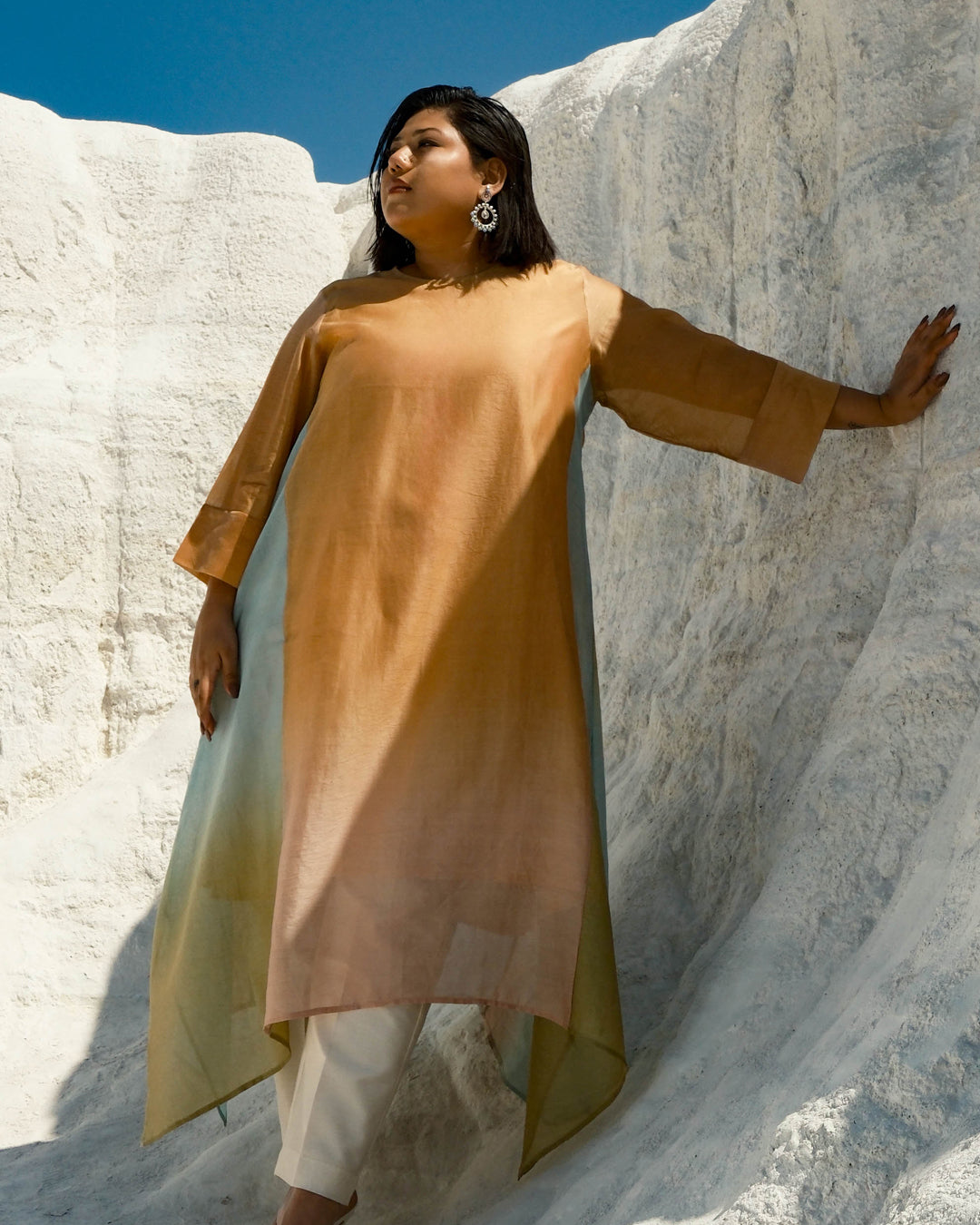 Plus Size Yellow & Light Blue Silk Chander A-Line Fit Kurta