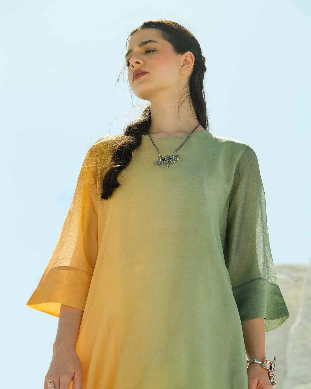 Green & Yellow Silk Chanderi A-line Fit Kurta