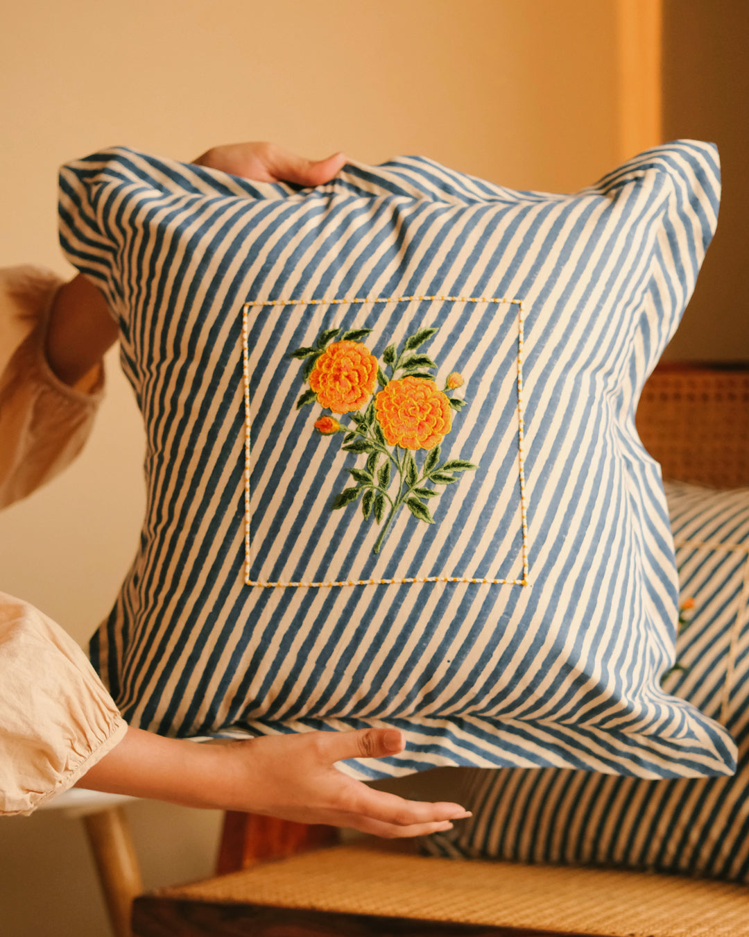Blue Genda Botanical Stripes - Cushion Cover