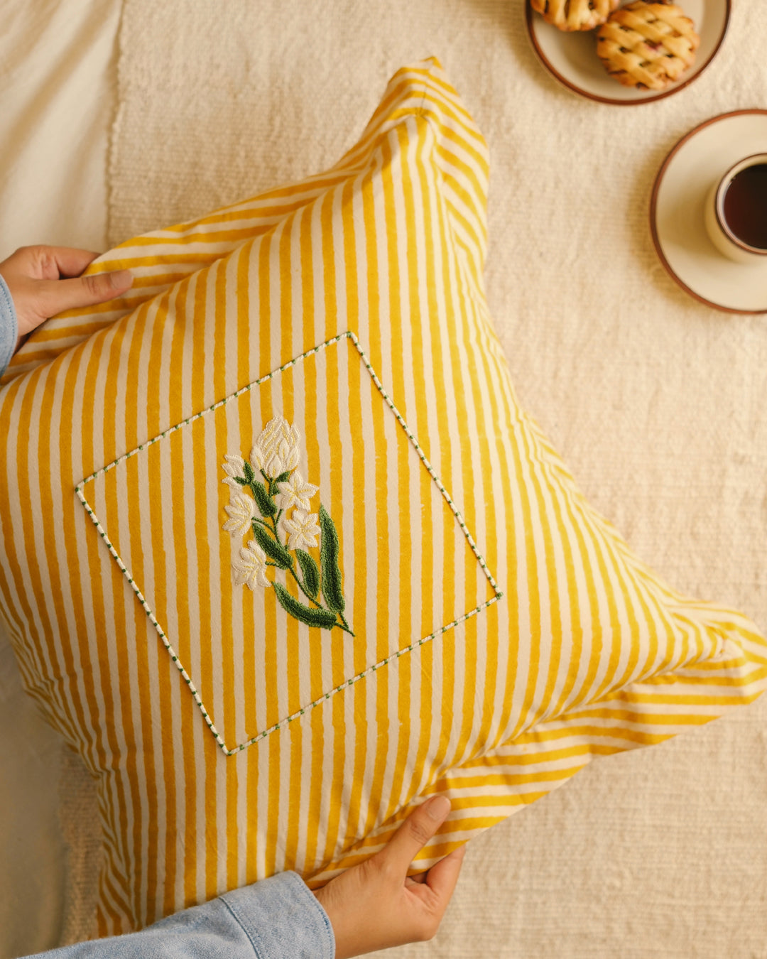 Yellow Rajnigandha Botanical Stripes - Cushion Cover