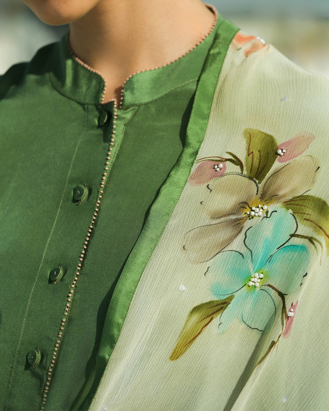Grey Green Gulbahaar Handpainted Chiffon Dupatta