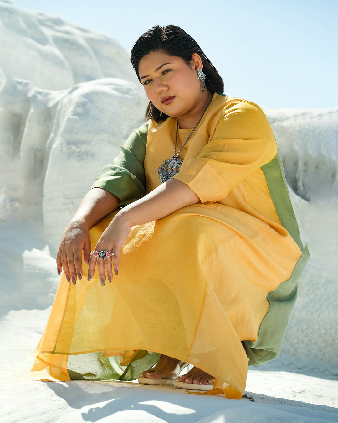 Plus Size Green & Yellow Silk Chanderi A-line Fit Kurta