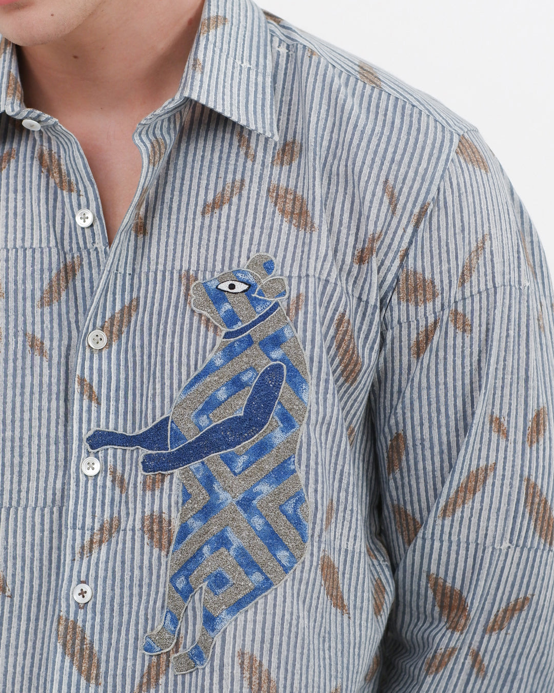 Block Print Embroidered Bear Long Sleeve Shirt