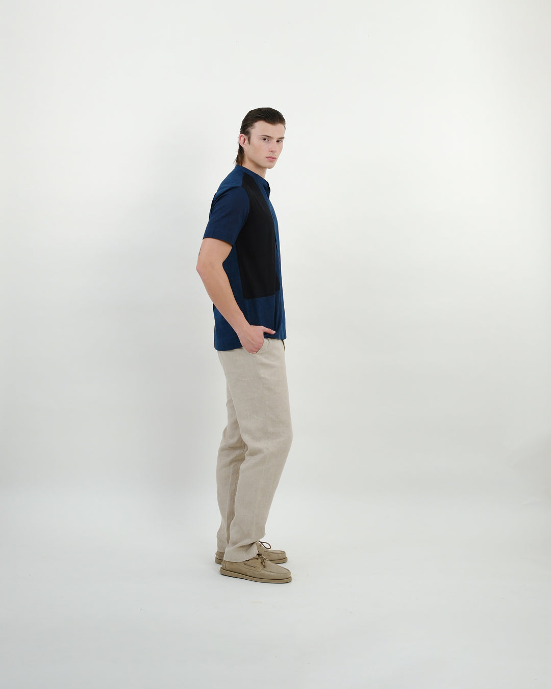 Indigo Colour Block Ajrakh Short Sleeve Shirt