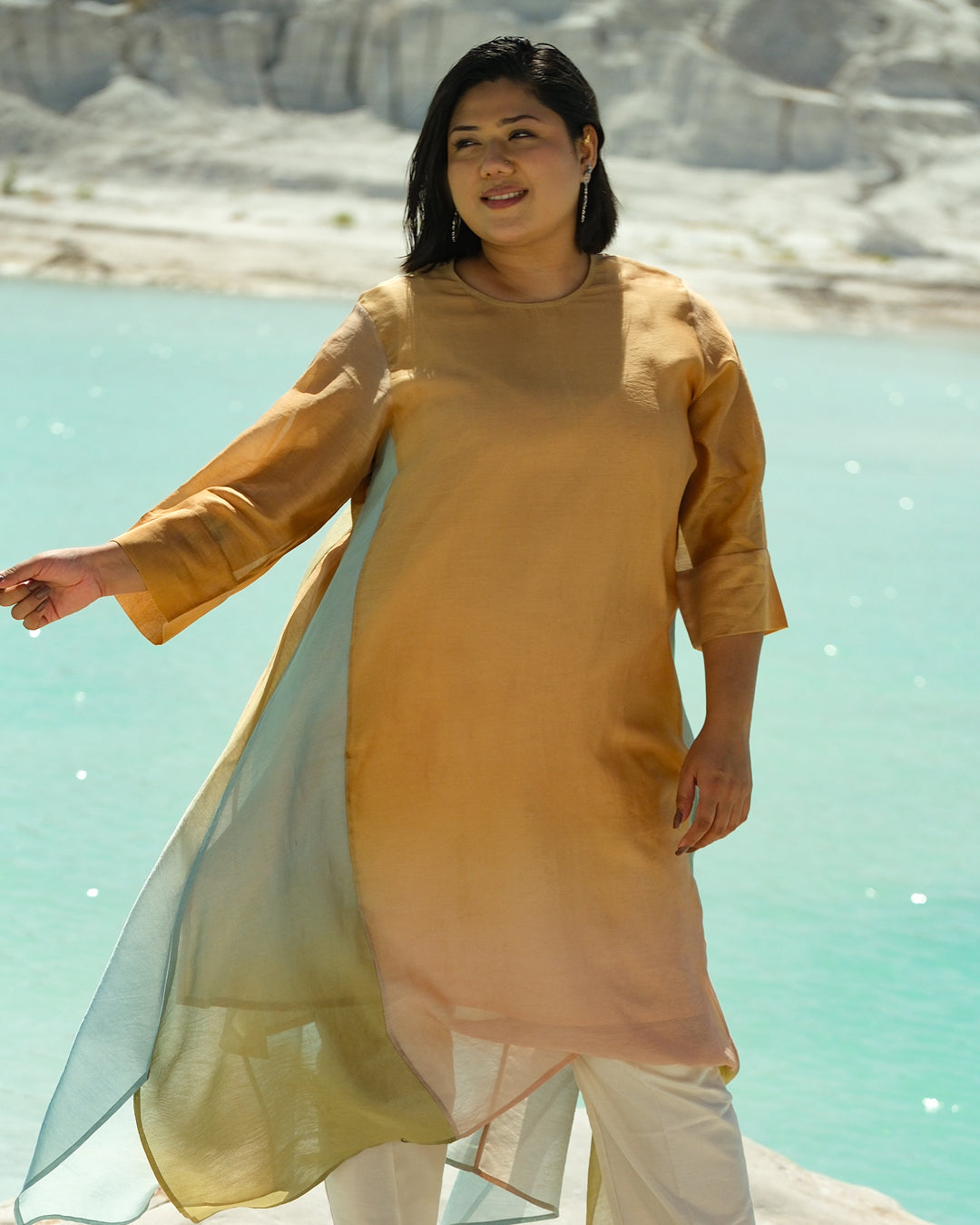 Plus Size Yellow & Light Blue Silk Chander A-Line Fit Kurta