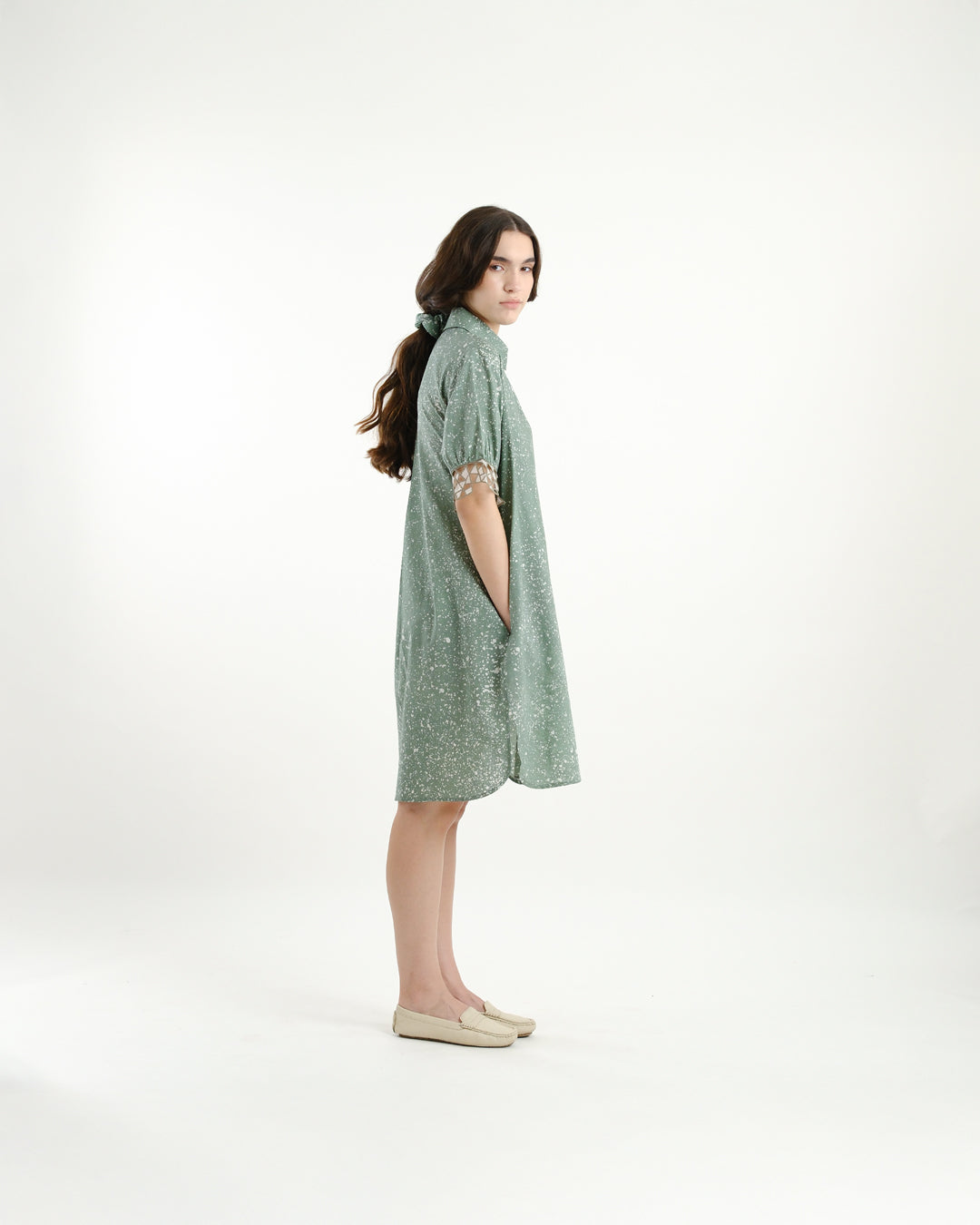 Cool Green Stipples Batik Shirt Dress