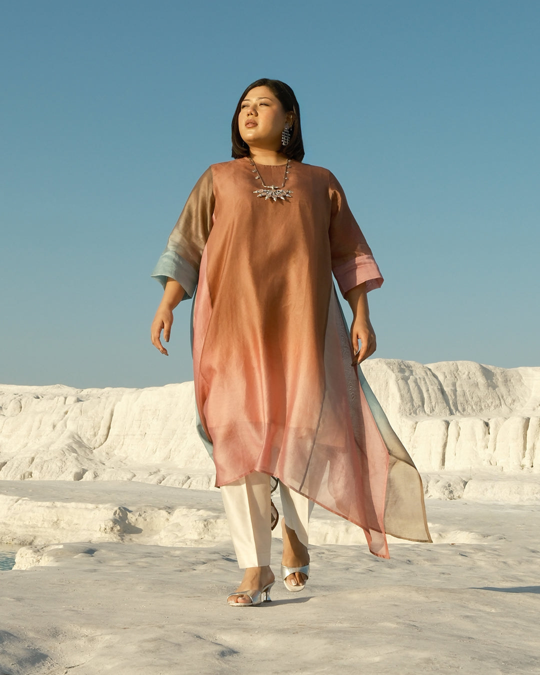 Plus Size Blue & Pink Silk Chanderi A-line Fit Kurta