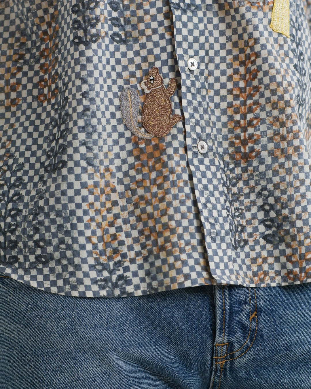 Block Print Embroidered Squirrel Long Sleeve Shirt