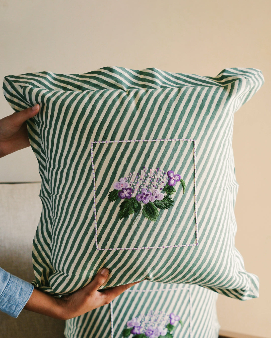 Green Hydrangea Botanical Stripes - Cushion Cover