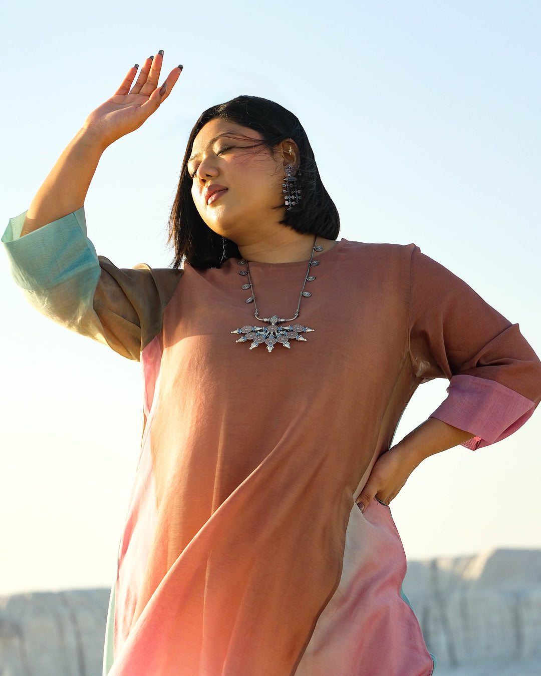 Plus Size Blue & Pink Silk Chanderi A-line Fit Kurta