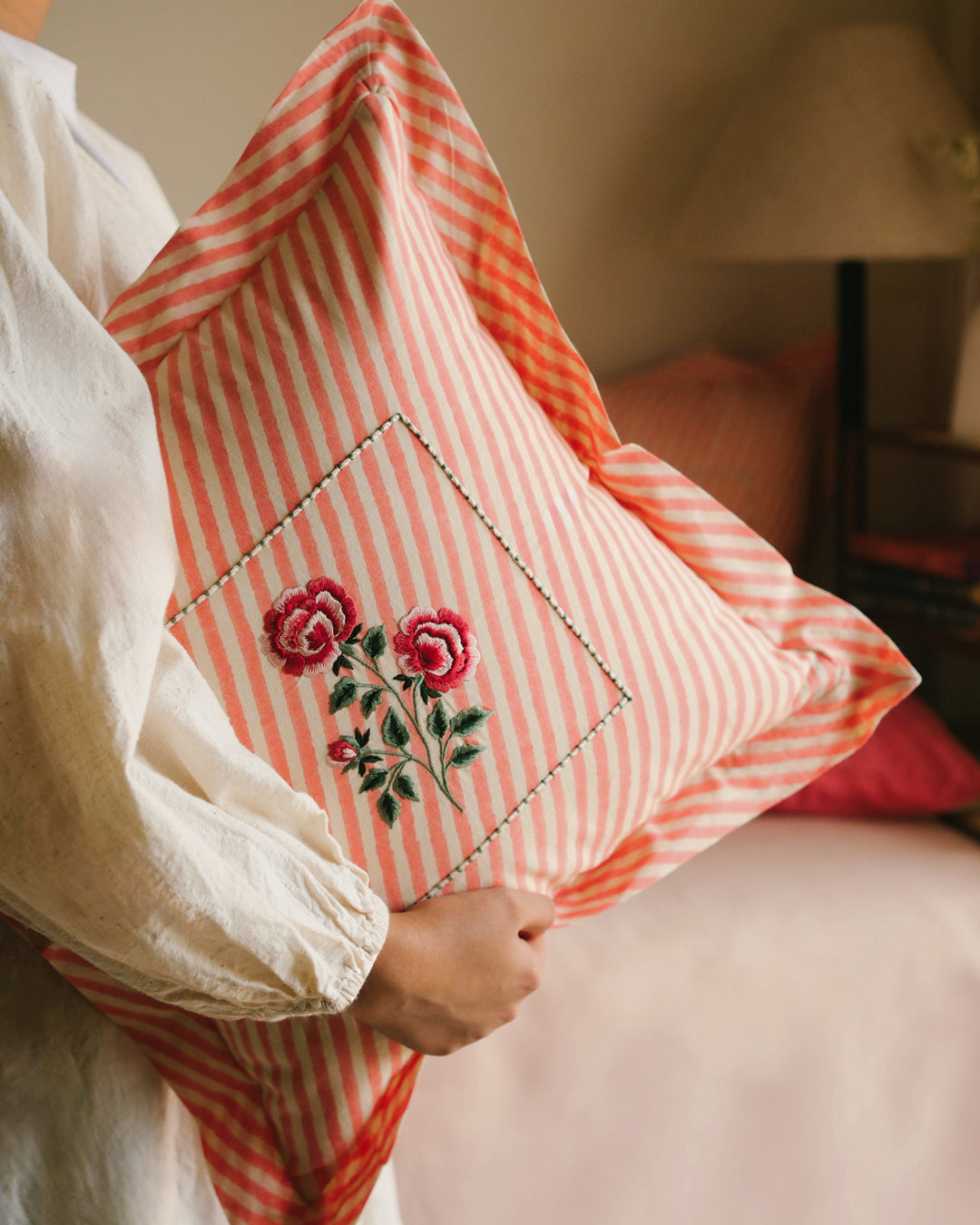 Peach Gulab Botanical Stripes - Cushion Cover