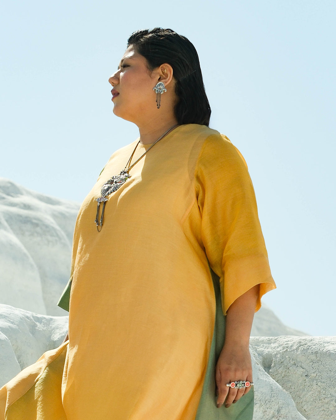Plus Size Green & Yellow Silk Chanderi A-line Fit Kurta