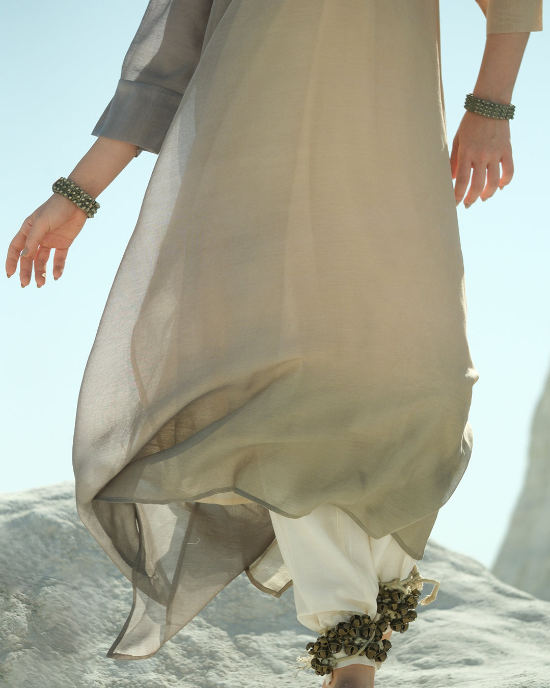 Grey & Beige Silk Chanderi A-line Fit Kurta