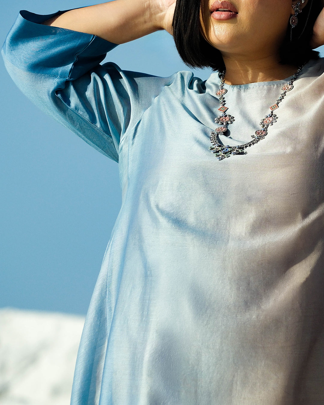 Plus Size Grey & Blue Silk Chanderi A-line Fit Kurta