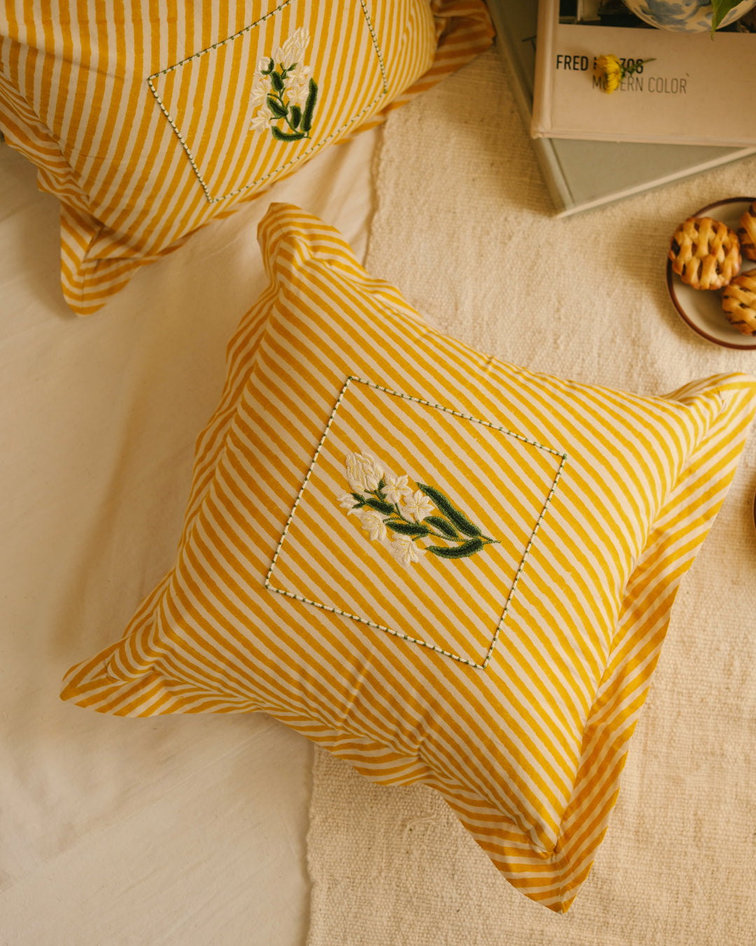 Yellow Rajnigandha Botanical Stripes - Cushion Cover
