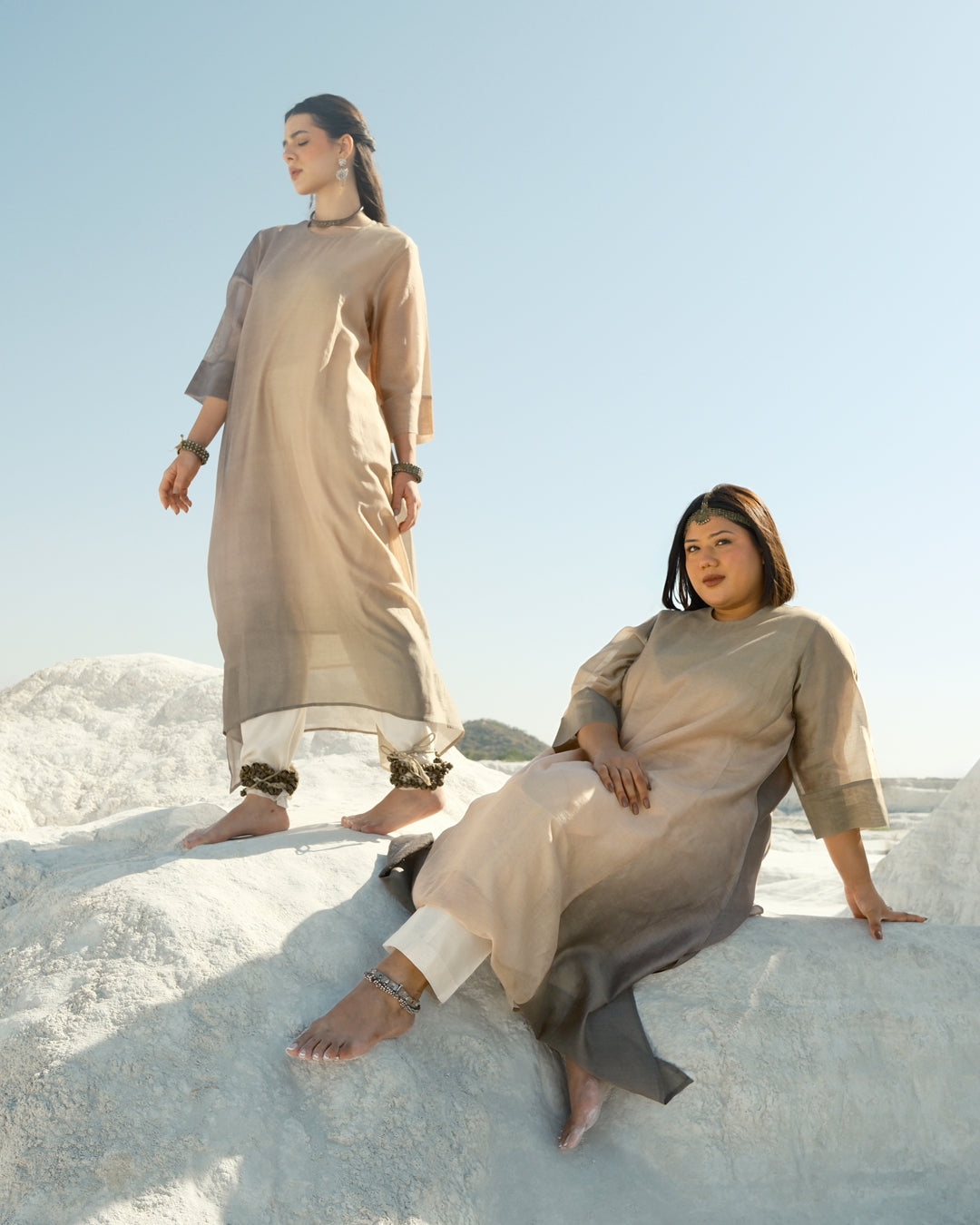 Grey & Beige Silk Chanderi A-line Fit Kurta