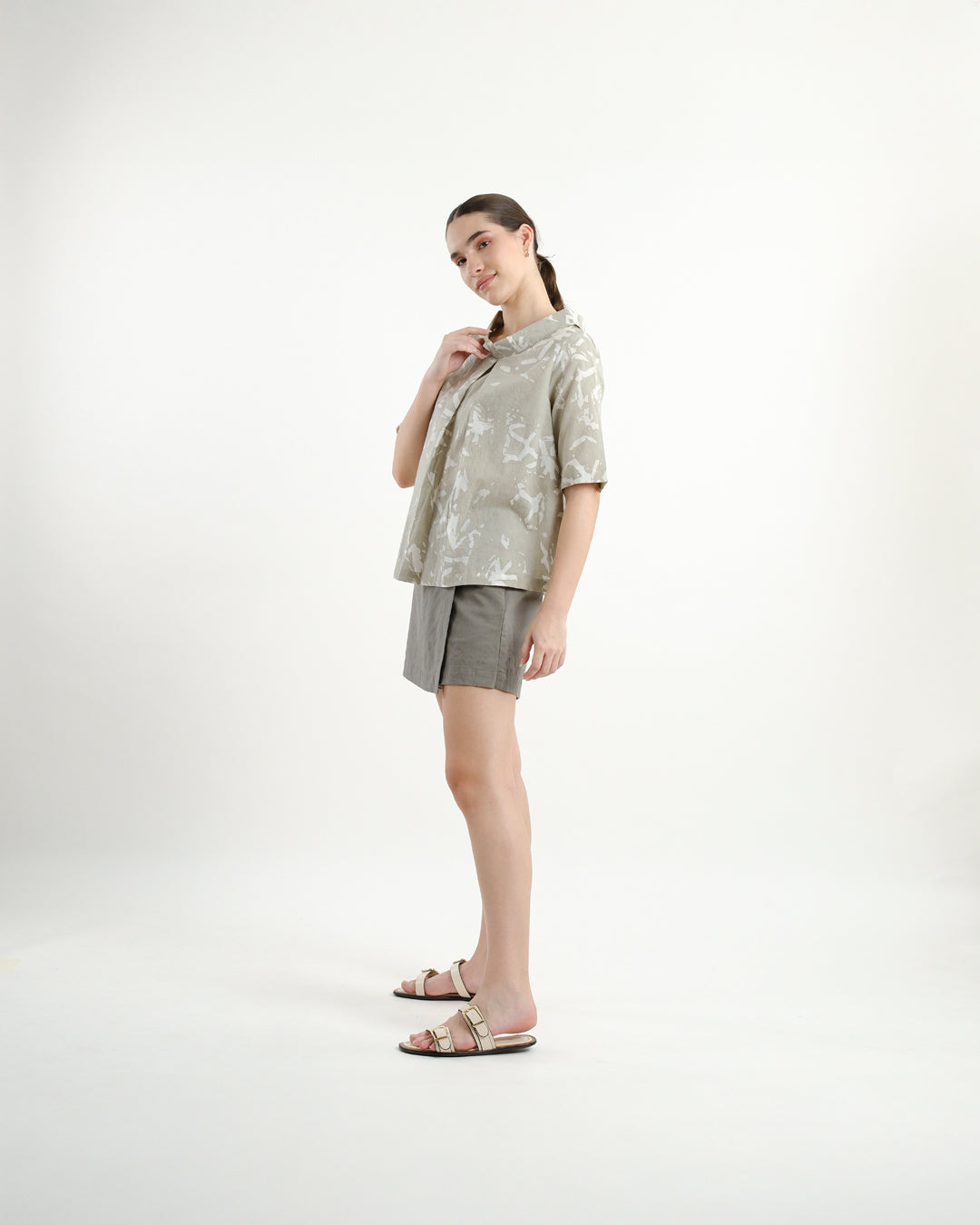Broken Angles Beige Batik Turtleneck Top