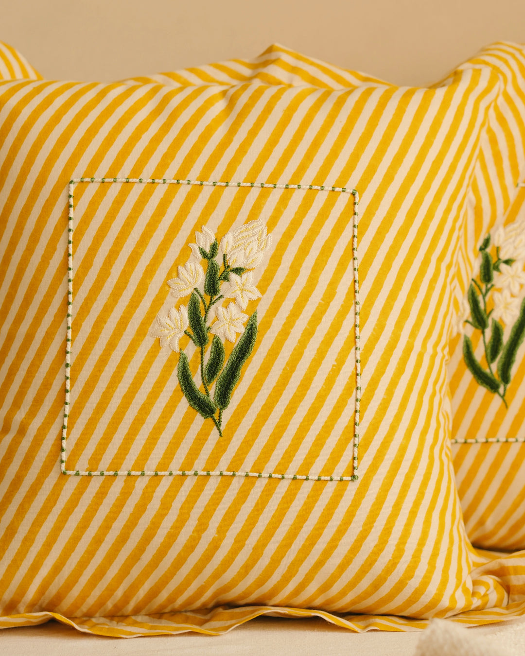 Yellow Rajnigandha Botanical Stripes - Cushion Cover