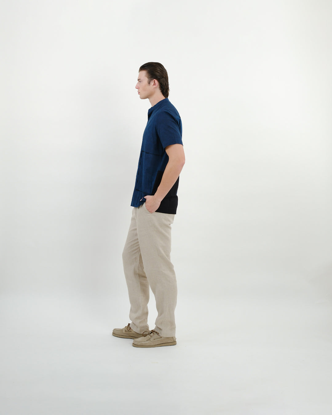 Indigo Colour Block Ajrakh Short Sleeve Shirt