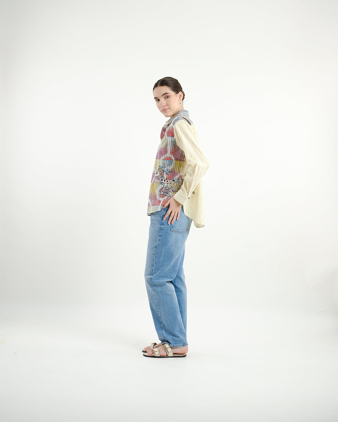 Multi-block Print Deer Embroidered Shirt