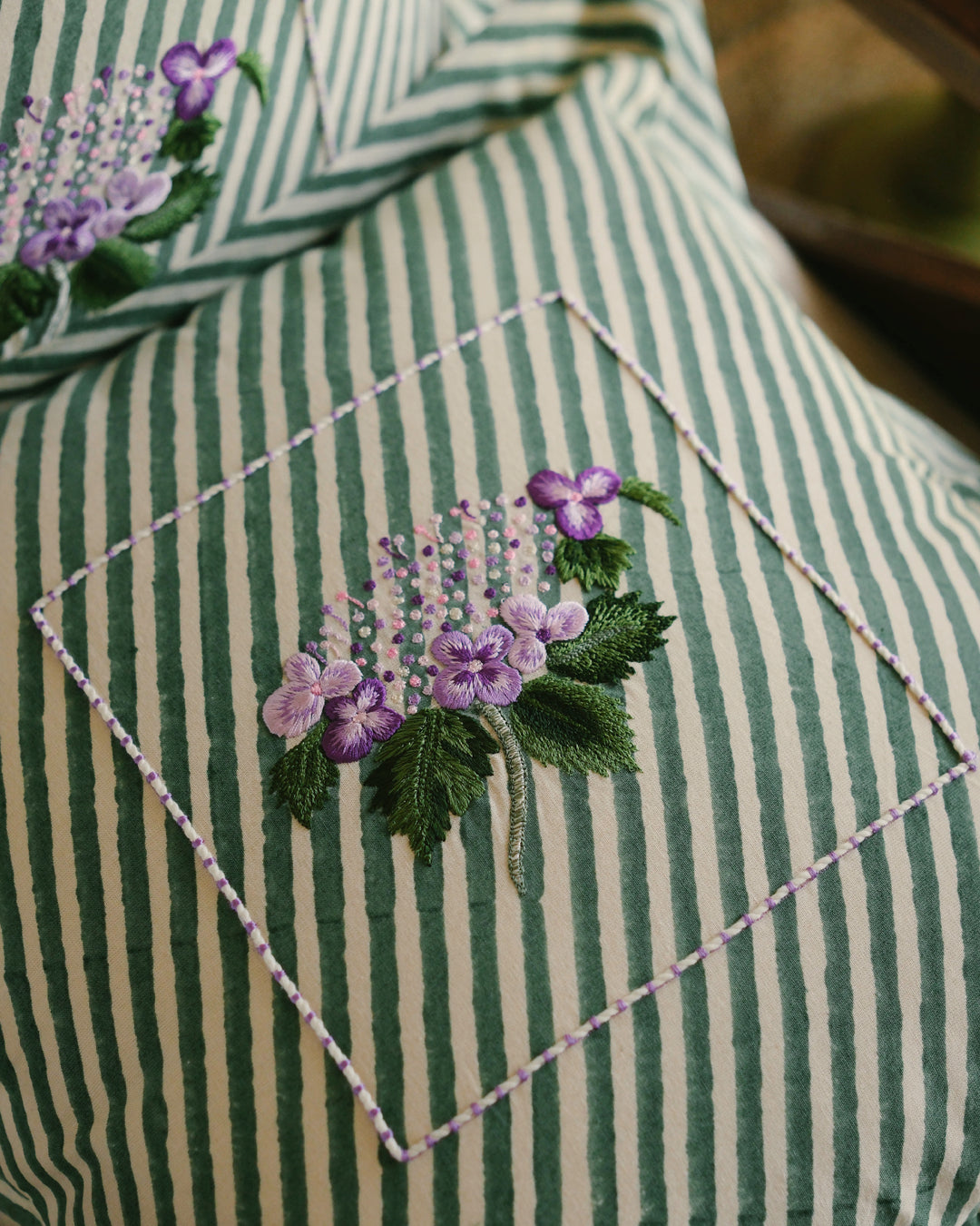 Green Hydrangea Botanical Stripes - Cushion Cover