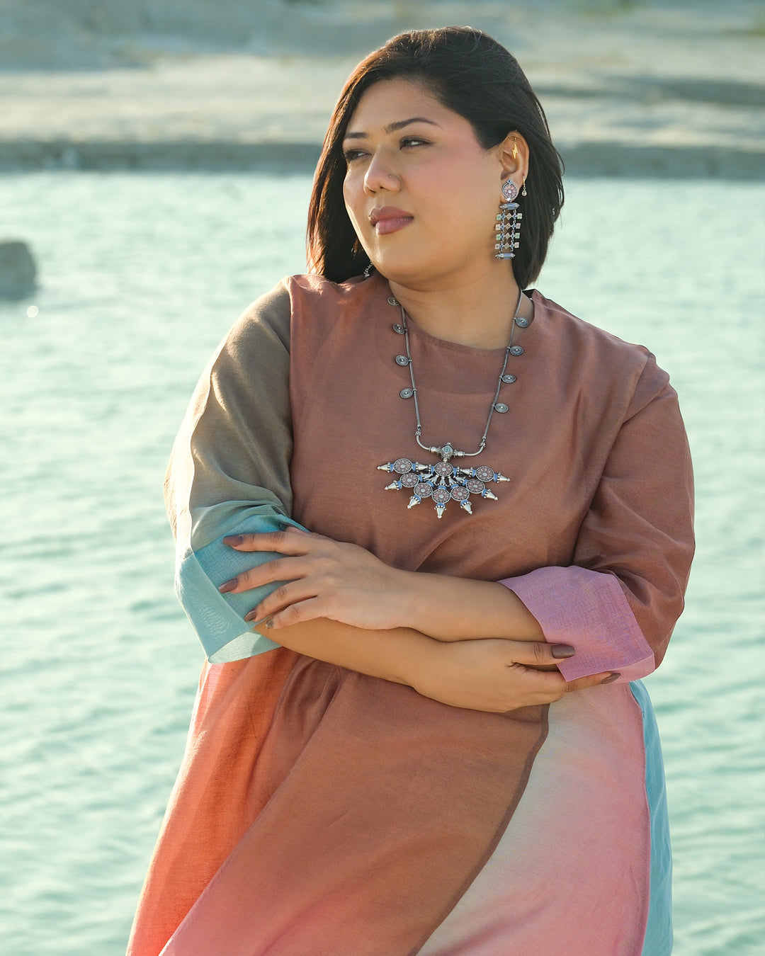 Plus Size Blue & Pink Silk Chanderi A-line Fit Kurta