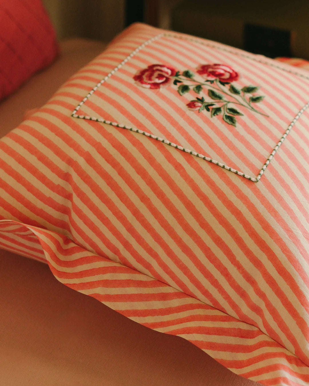 Peach Gulab Botanical Stripes - Cushion Cover