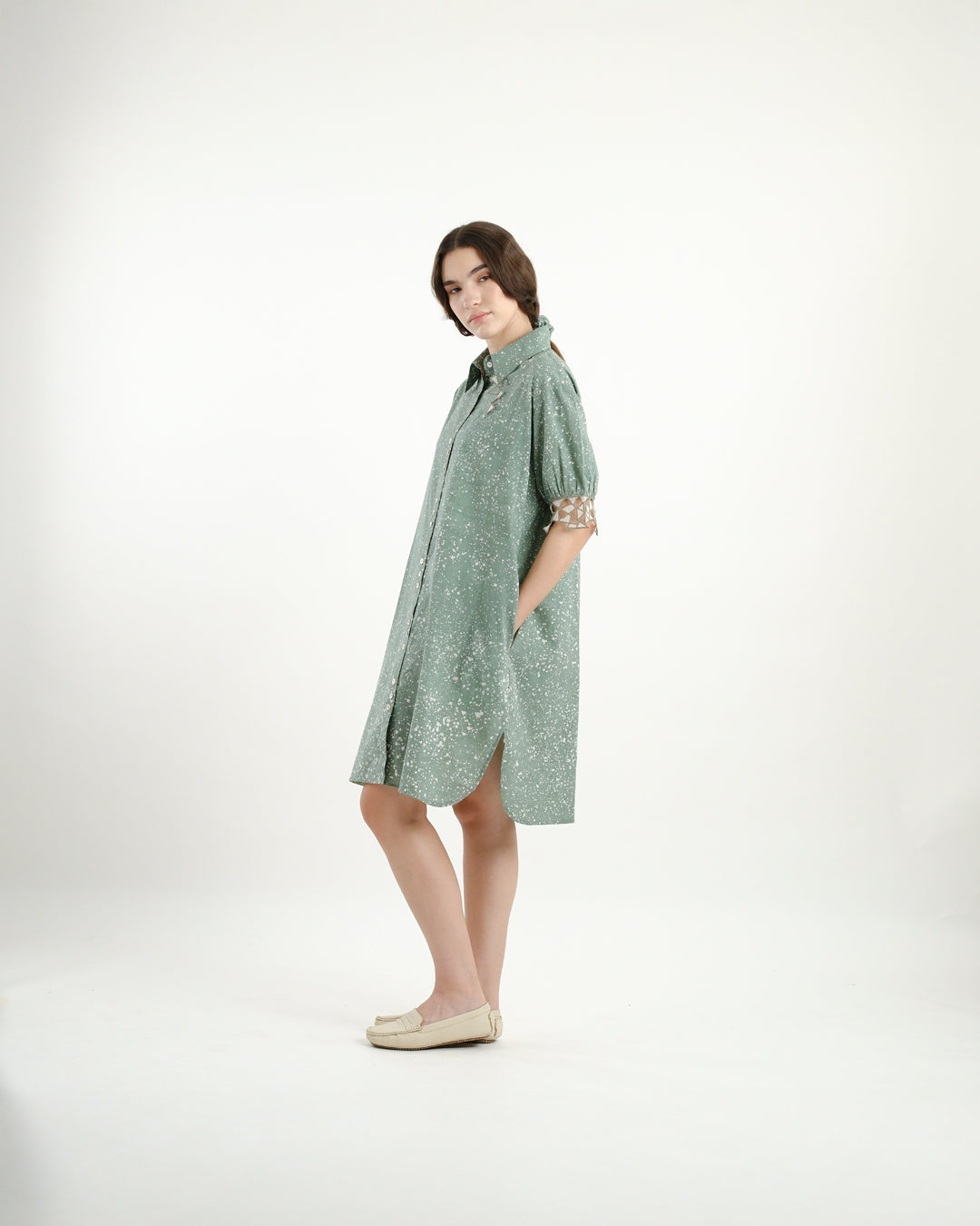 Cool Green Stipples Batik Shirt Dress
