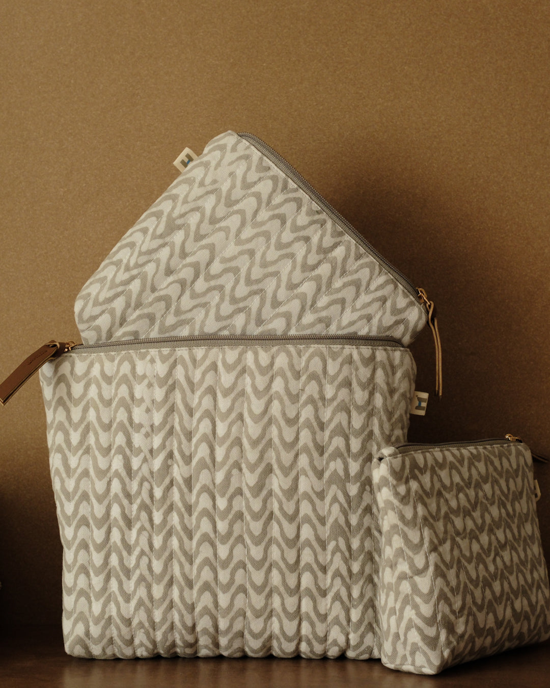 Set of 3 - Silver Shadow Waves Toiletry Pouches