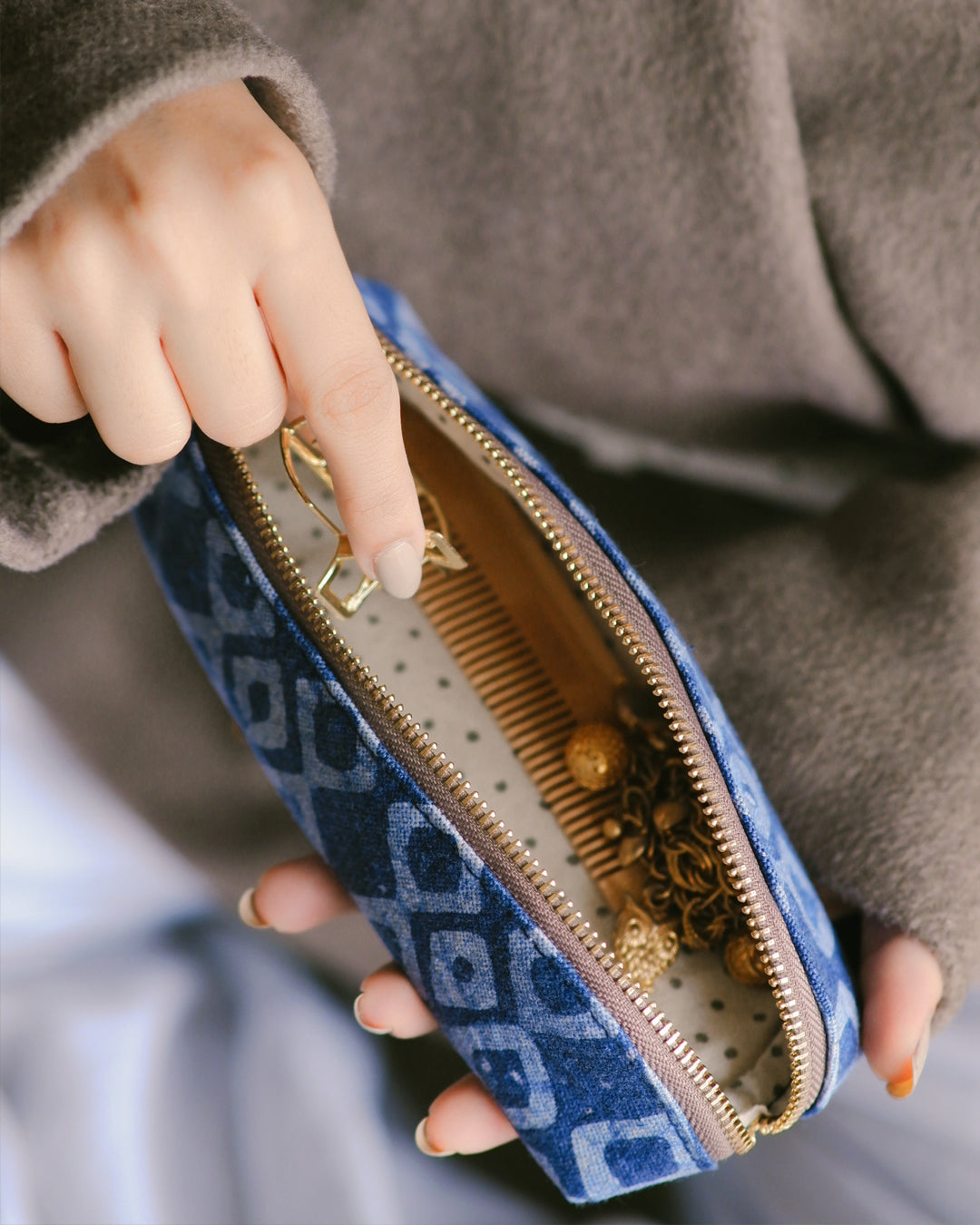 Denim Geometric - D Shape Pencil Pouch