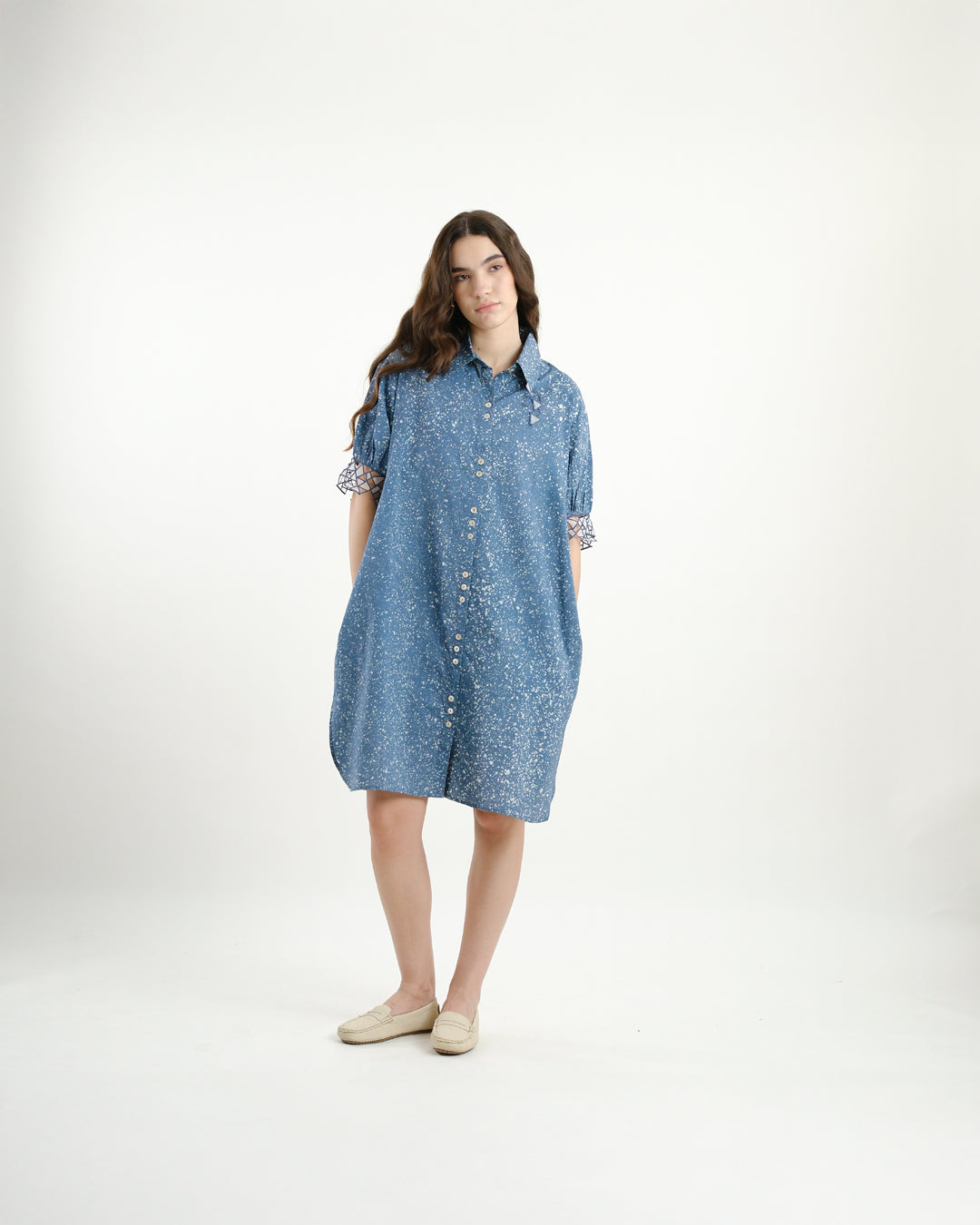 Cool Blue Stipples Batik Shirt Dress