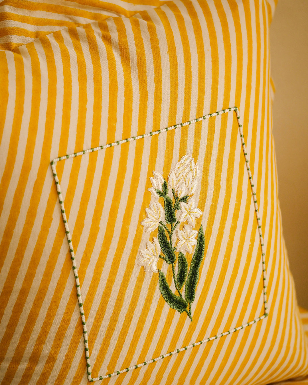 Yellow Rajnigandha Botanical Stripes - Cushion Cover
