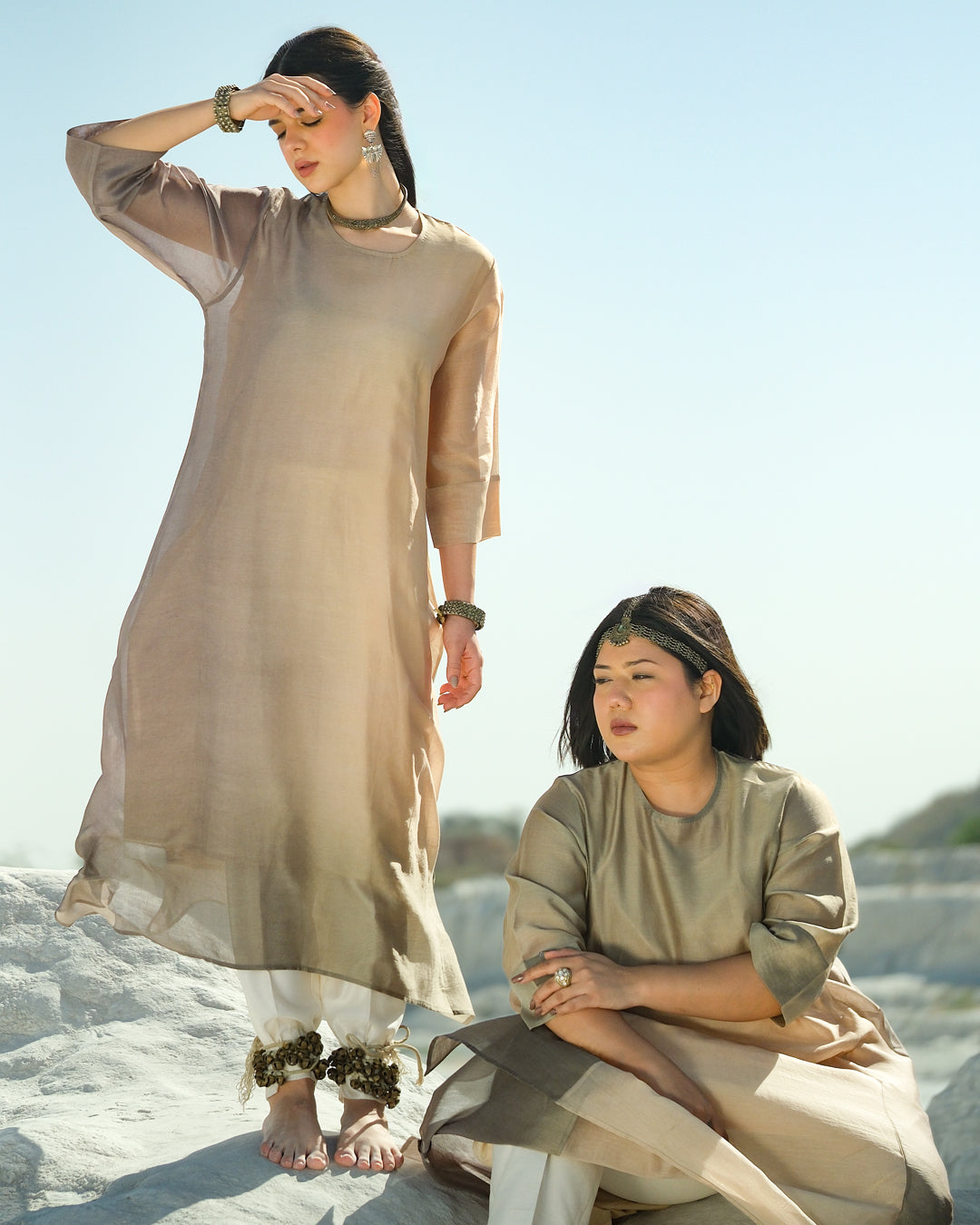 Grey & Beige Silk Chanderi A-line Fit Kurta
