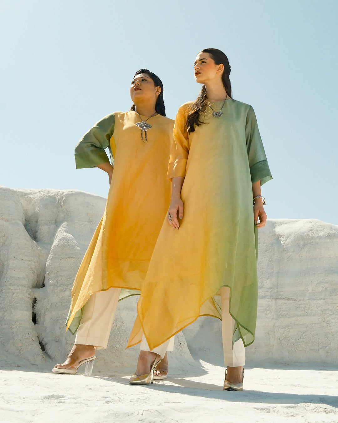 Green & Yellow Silk Chanderi A-line Fit Kurta