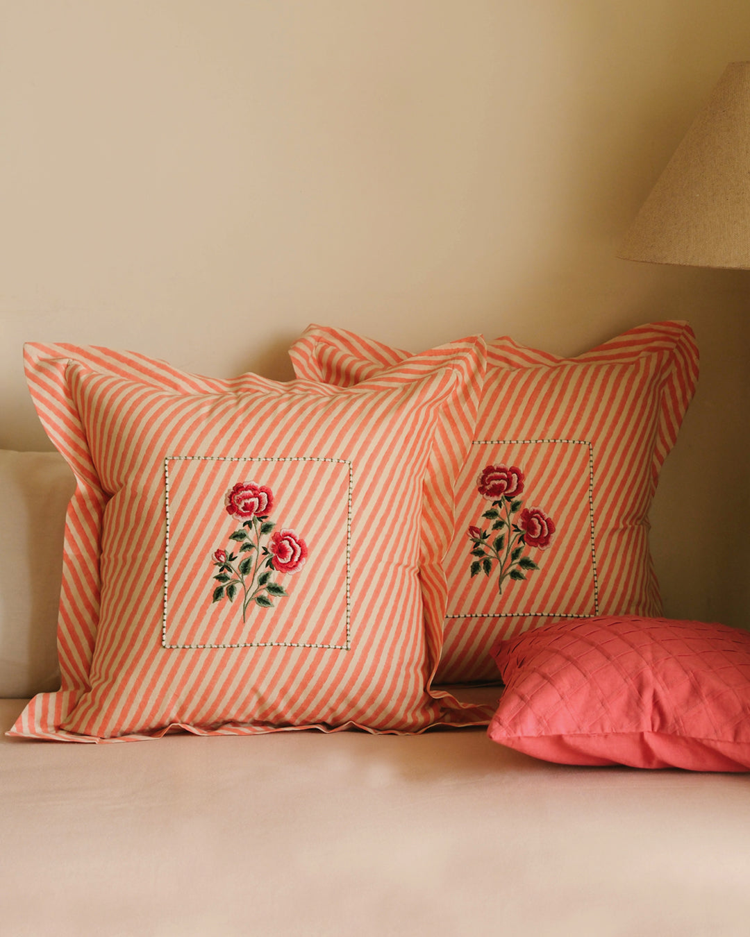 Peach Gulab Botanical Stripes - Cushion Cover