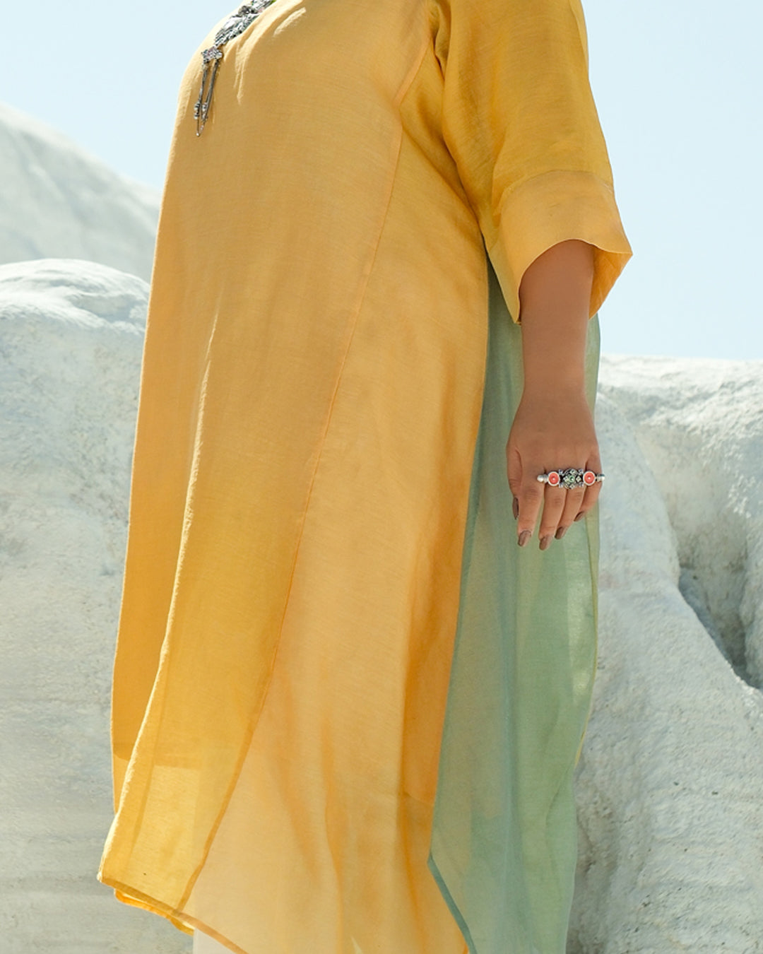 Plus Size Green & Yellow Silk Chanderi A-line Fit Kurta