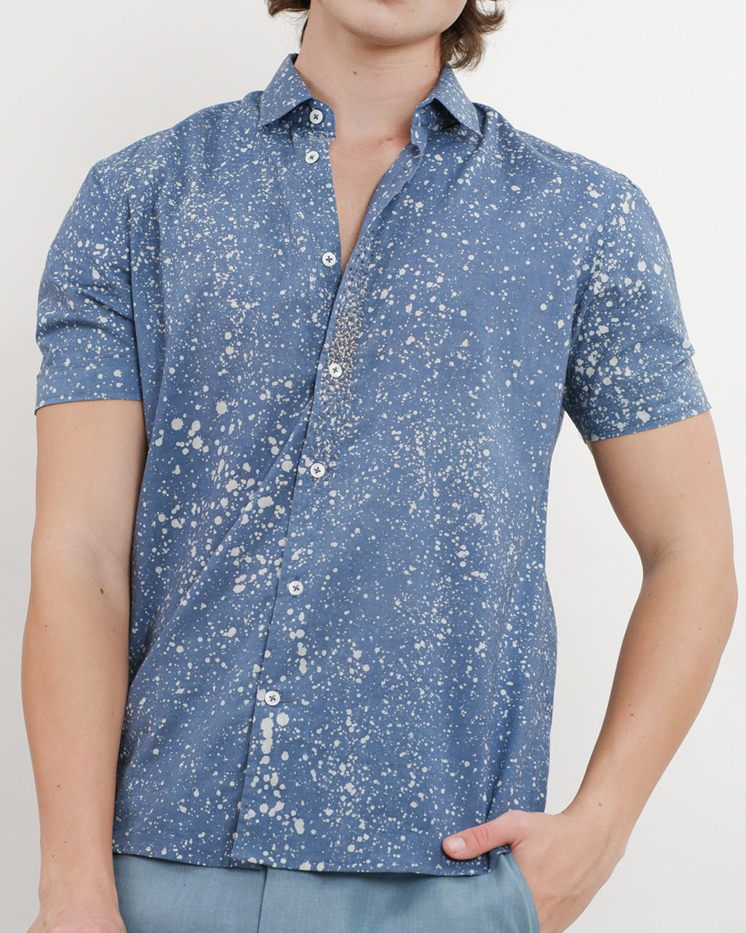 Cool Blue Stipples Batik Short Sleeve Shirt