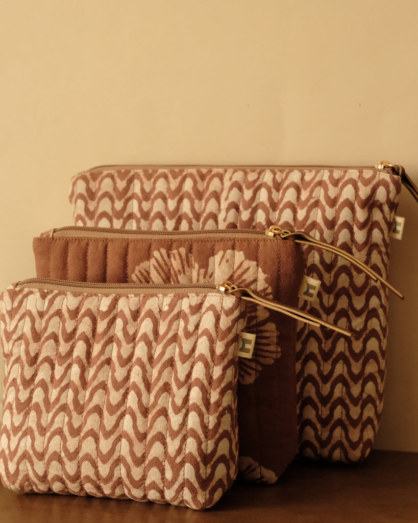 Set of 3 - Mocha Mousse Waves Toiletry Pouches
