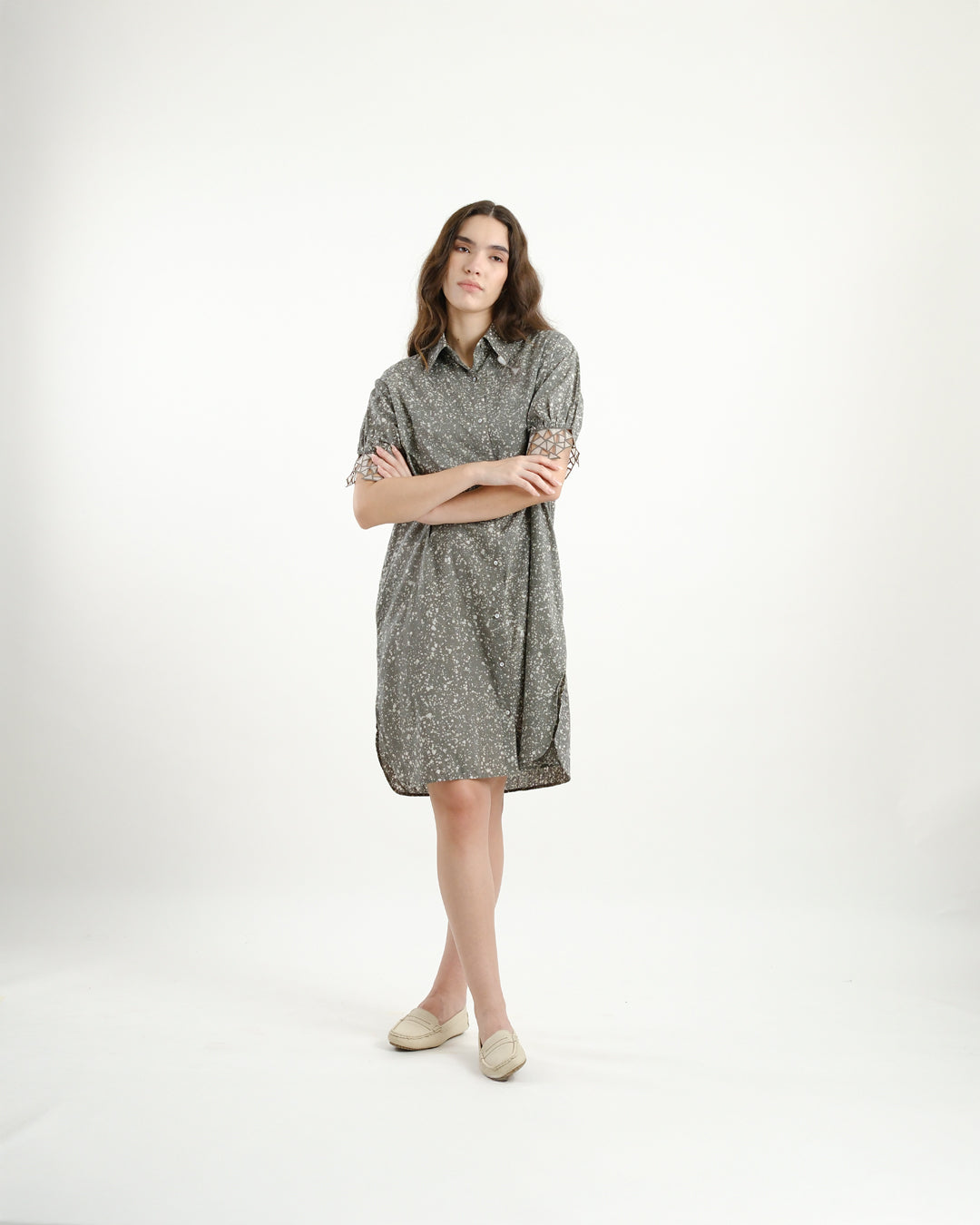 Cool Grey Stipples Batik Shirt Dress